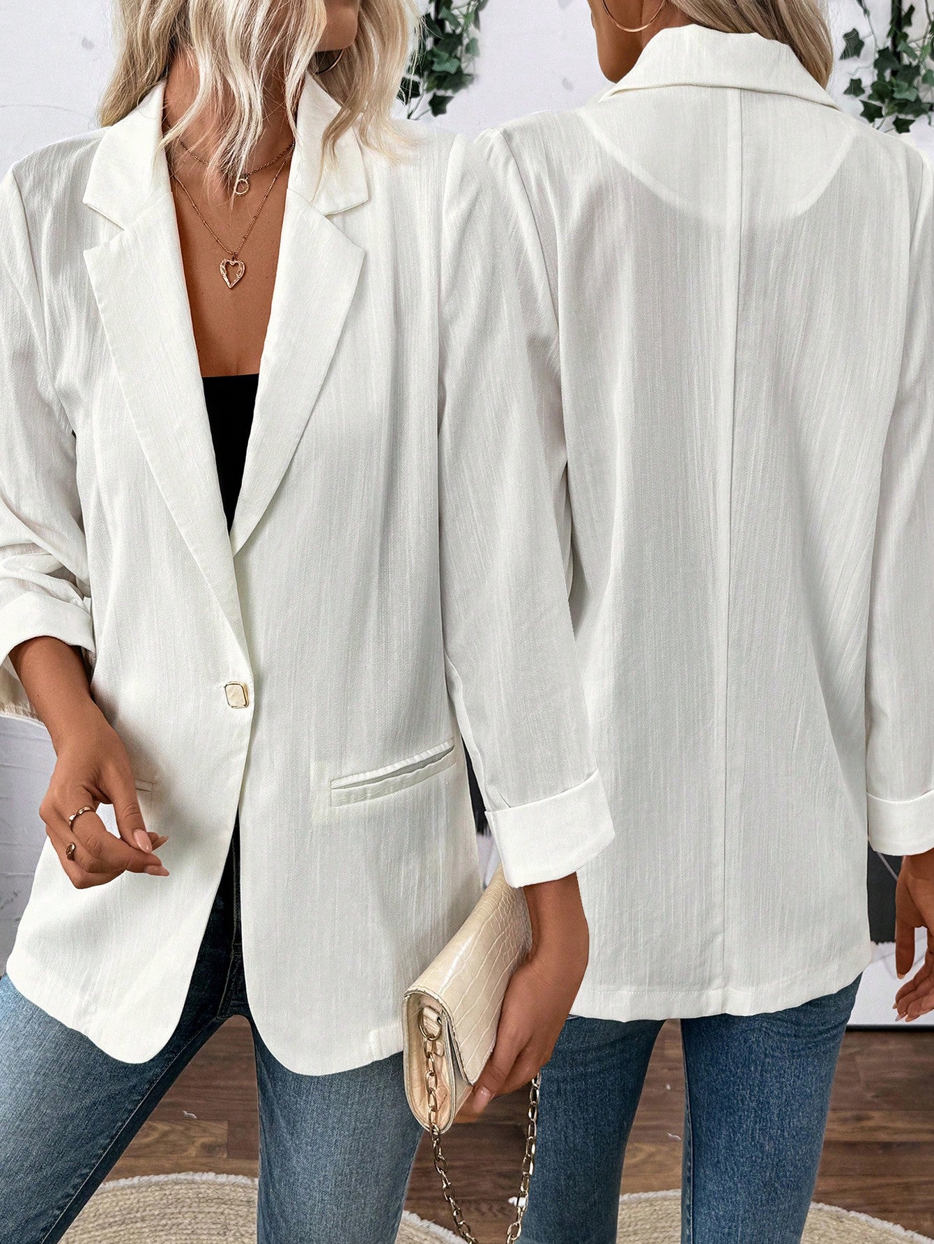 Women Plain Single Button Pocket Blazer