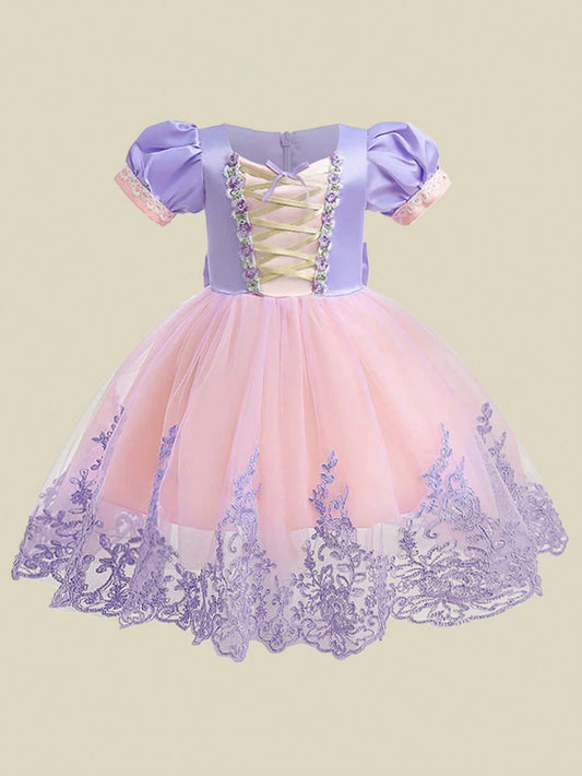 Young Girls' Elegant & Tulle & Satin Puffy Dress With Lace & Floral Edge, Great For Birthday Party & Cosplay