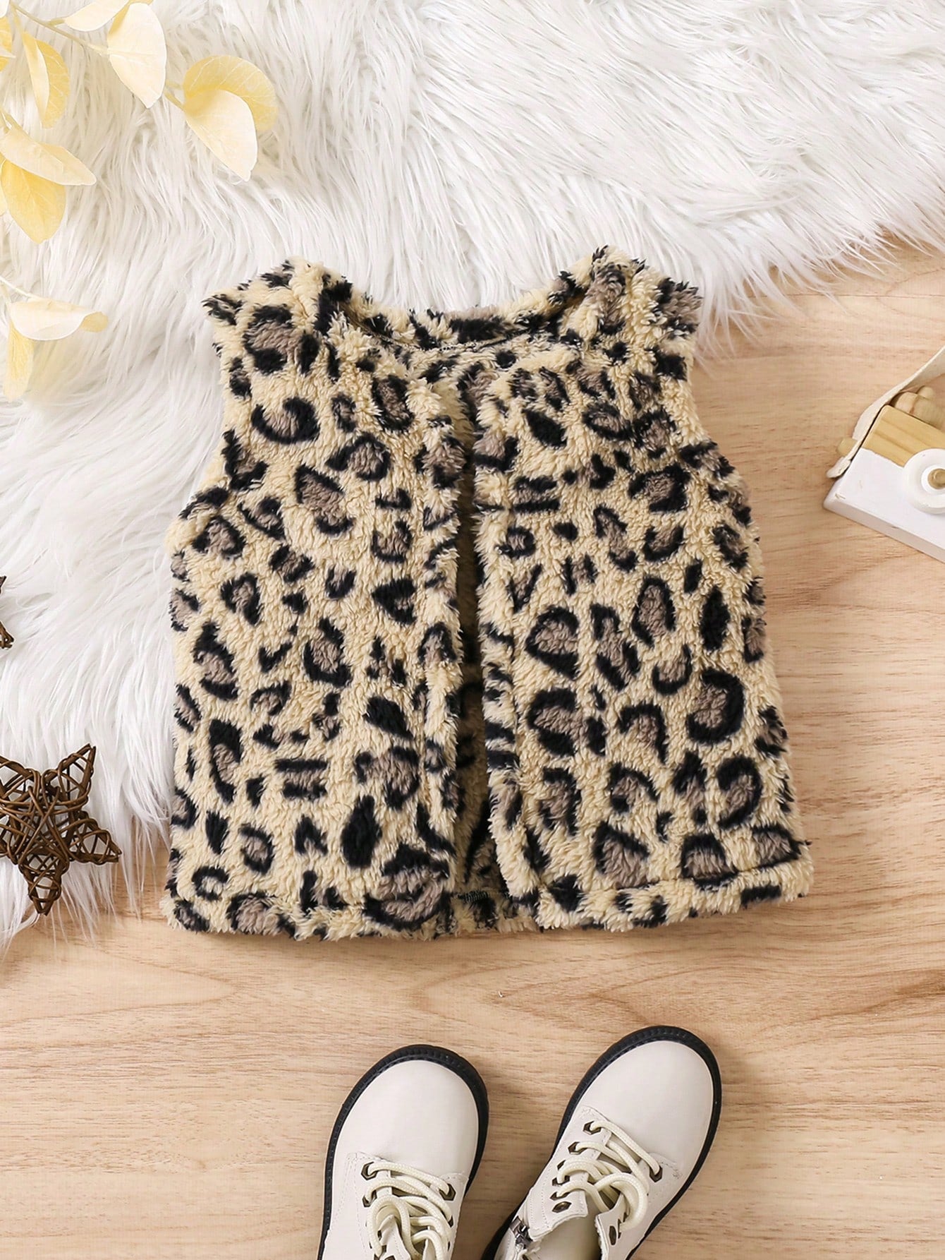 Young Girl Casual Plush Short Leopard Print Vest Jacket, Autumn And Winter Keep Warm