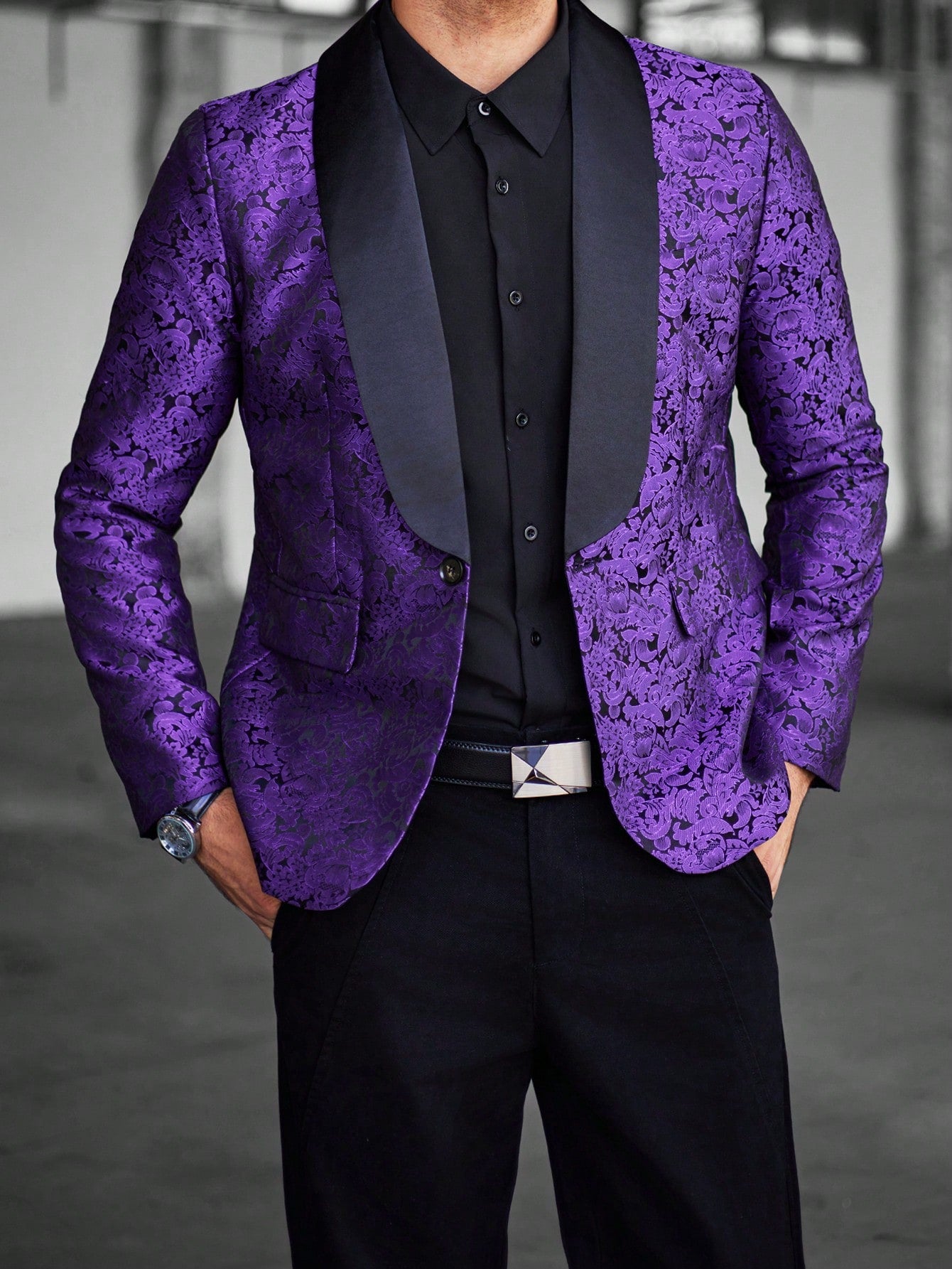 Men's Business Vintage Jacquard Mandarin Collar High-End Luxurious Purple Suit Jacket With Fruit Pattern ,Glamorous Party