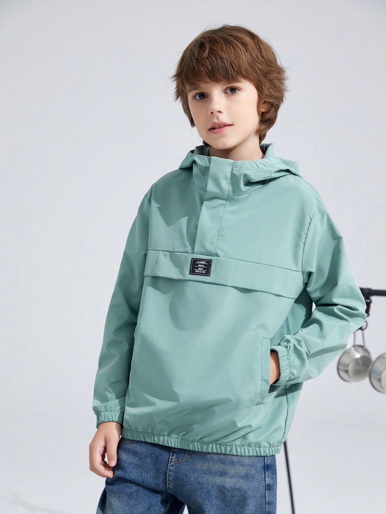 Tween Boy Casual Half-Zip Hooded Pullover Long Sleeve Lightweight Woven Solid Color Jacket