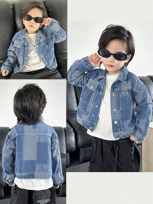 Young Boy Patchwork Plaid Denim Jacket, Unisex Kids' Casual Workwear Denim Coat