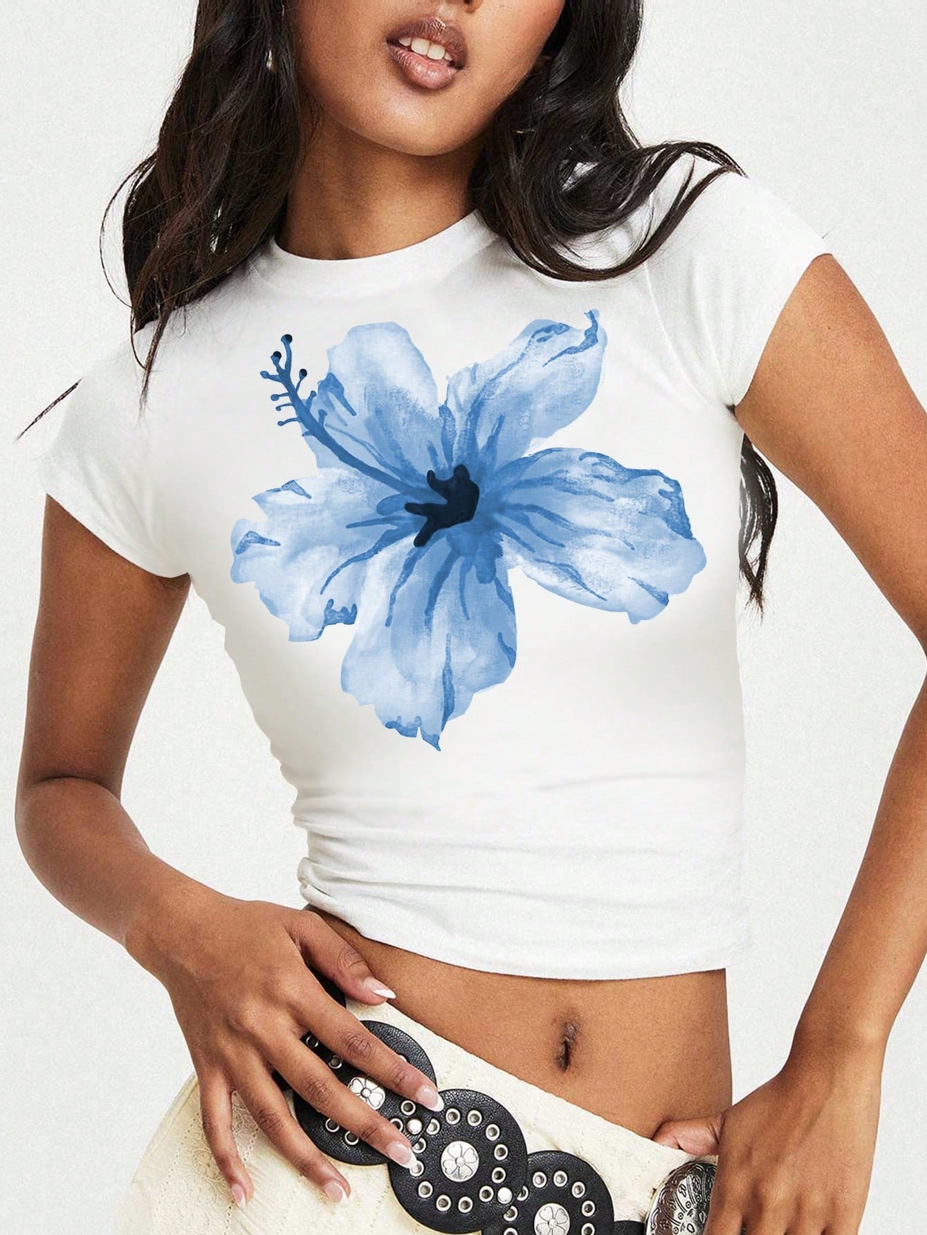 Women Summer Flower Print Round Neck Short Sleeve Casual T-Shirt, Graphic Women Tee