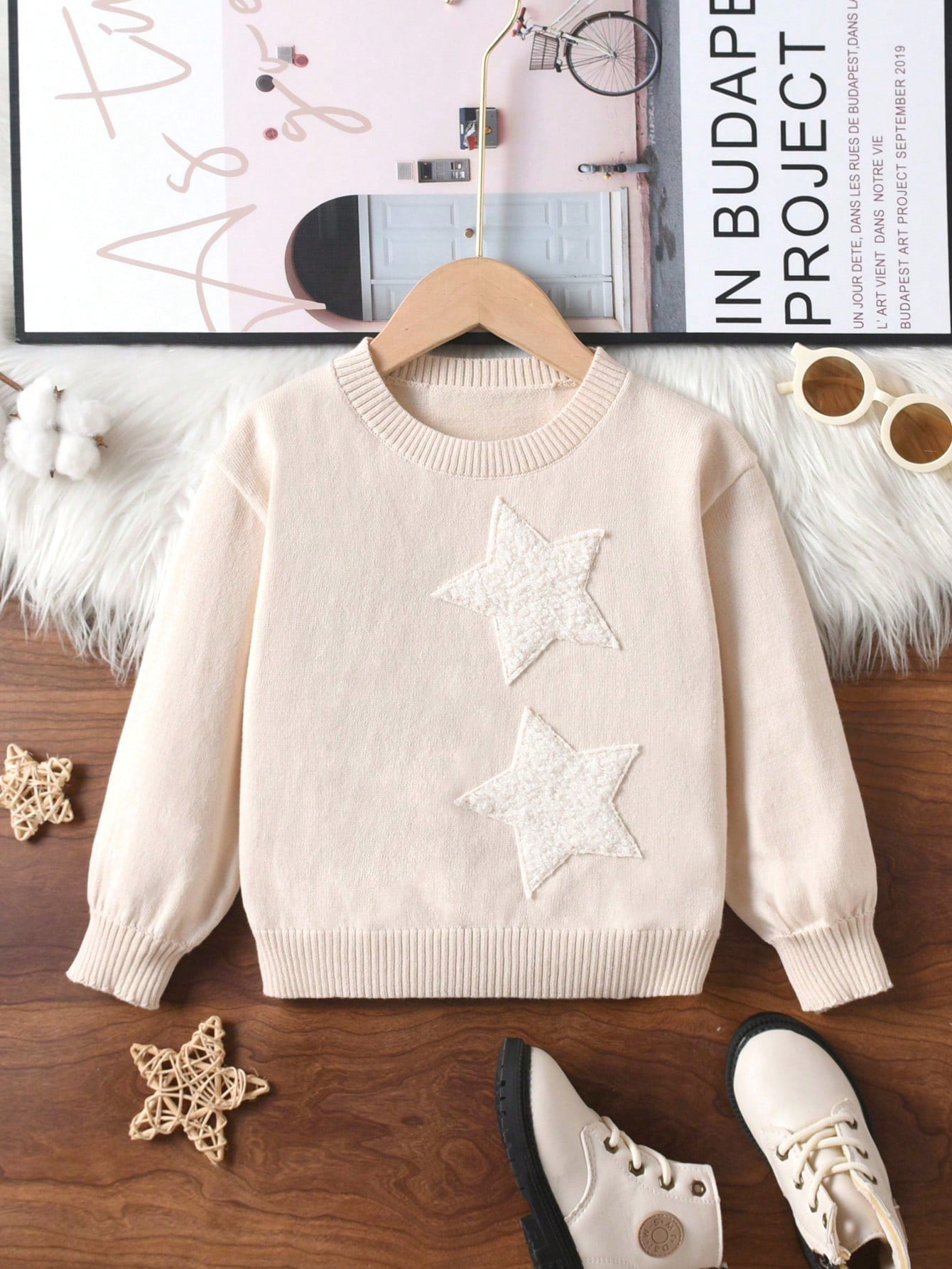 Girls' White Solid Color Fashionable Casual Minimalist Sweet Star Embroidery Knit Cardigan Sweater + Shorts Set, Suitable For Casual, Outings And School In Early Autumn And Winter