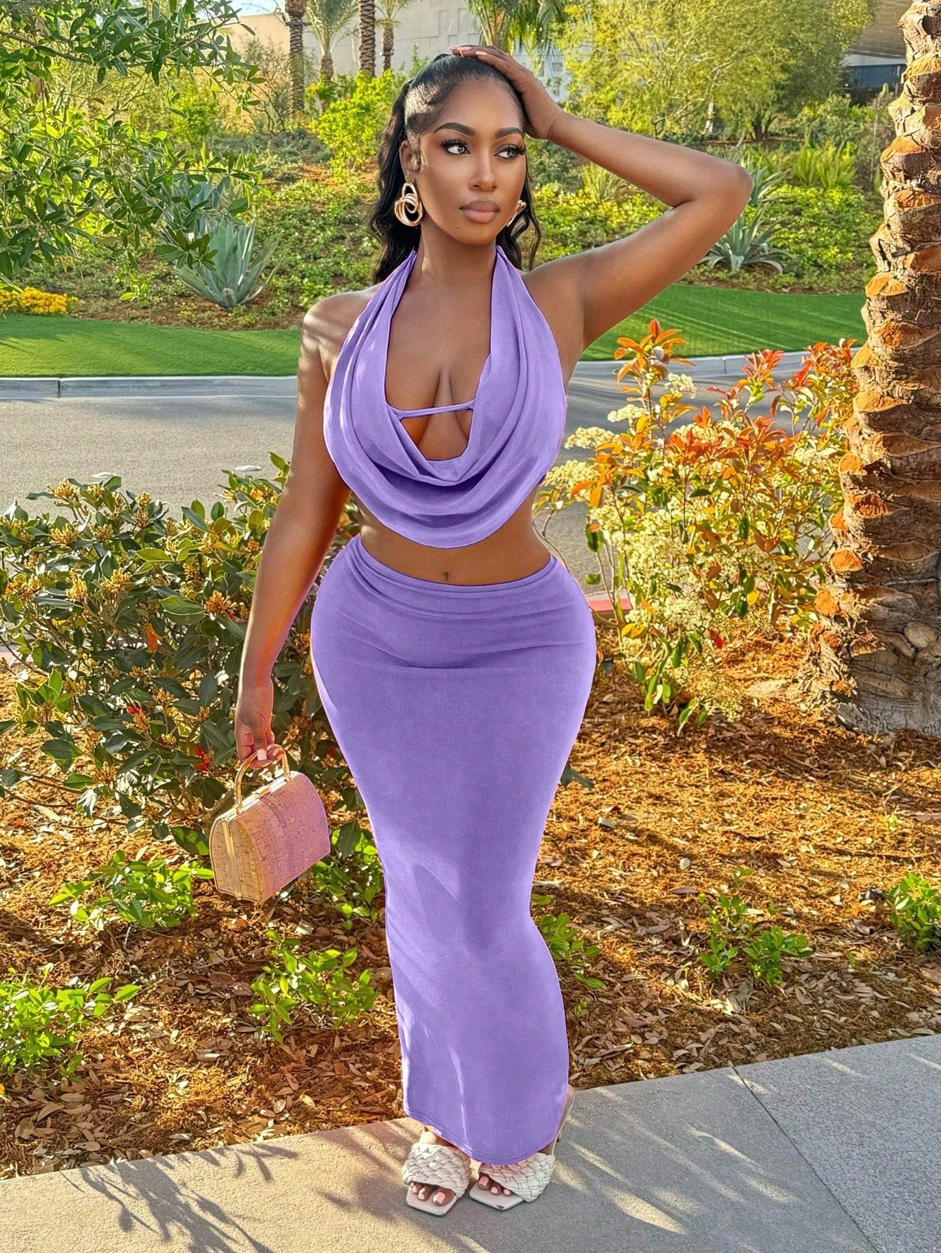 Women Sexy V-Neck Cami Top And Skirt Set, Solid Color