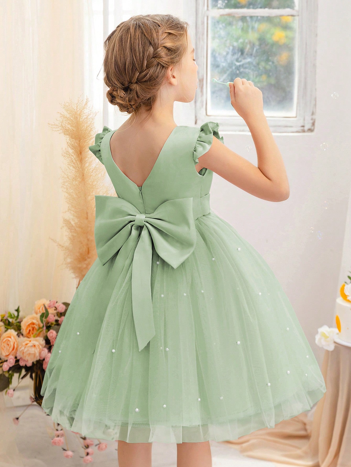 Young Girl Flutter Sleeve Mesh Party Dress, Suitable For Birthday Party, Dance Party, Casual Wear, Instrumental Performance, Stage Performance, Etc.