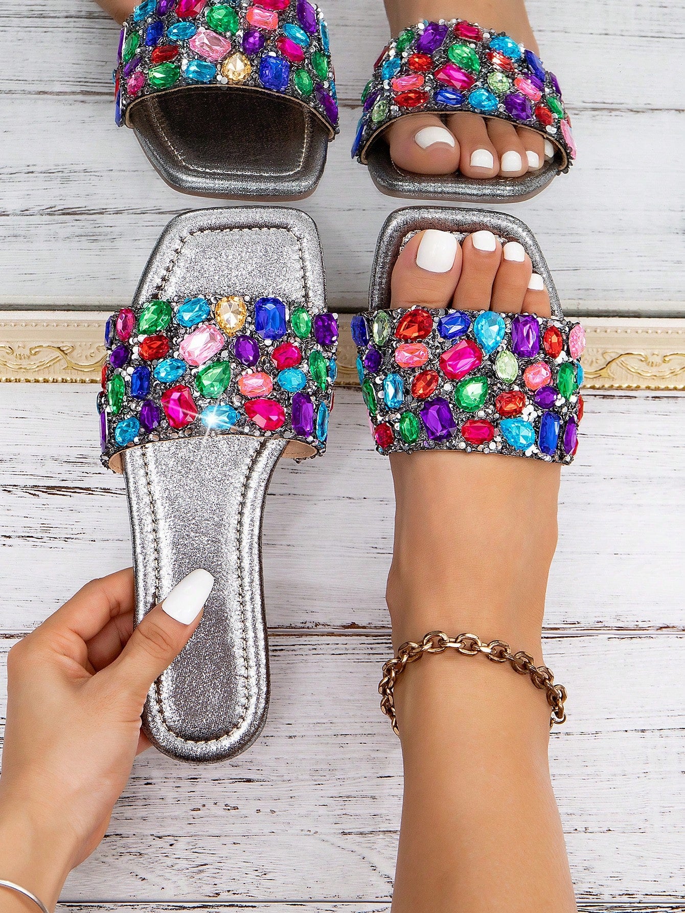 Women Rhinestone Decor Slide Sandals, Glamorous Summer Flat Sandals