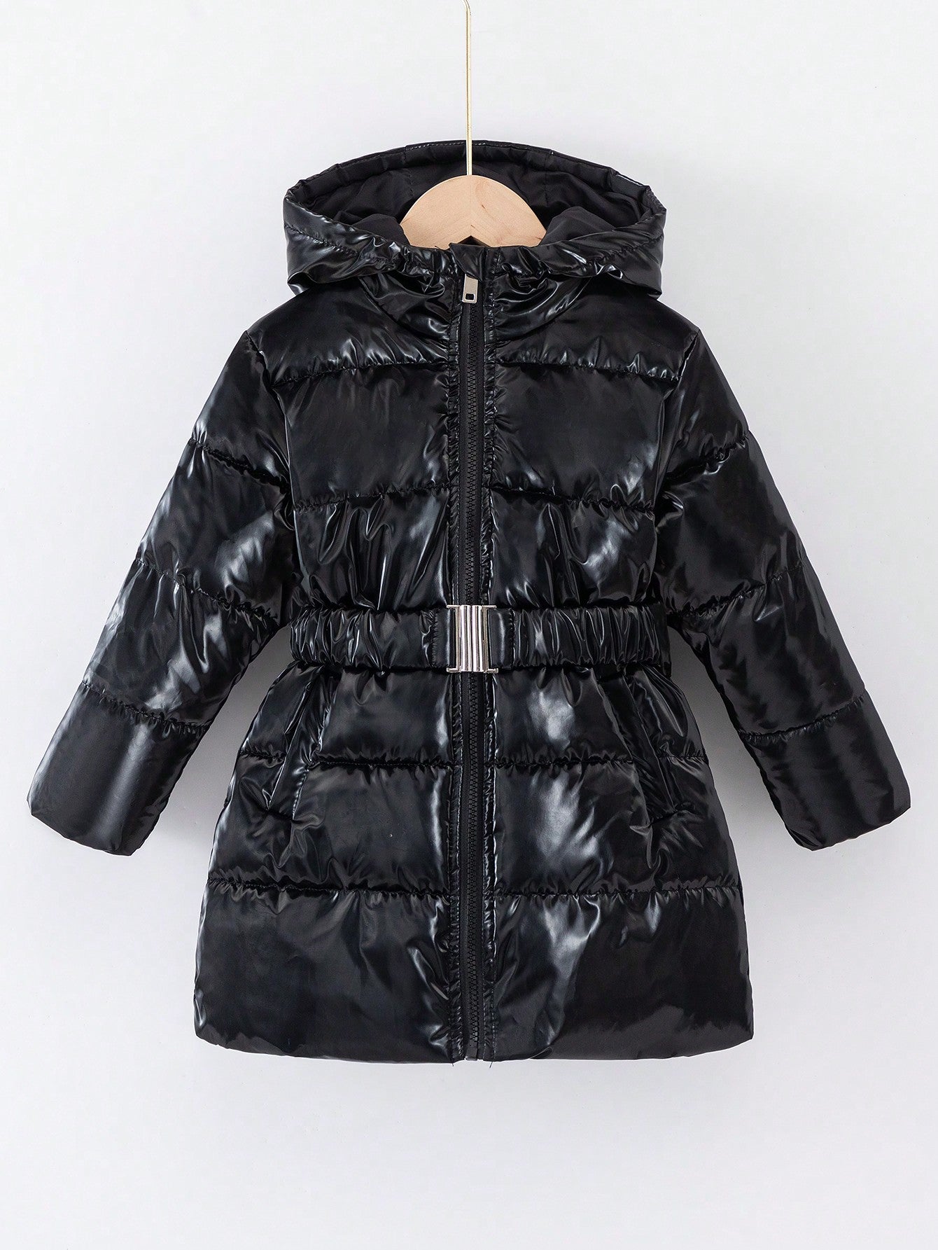 Young Girl Shiny Leather Padded Mid-Length Hooded Cinched Waist Padded Coat