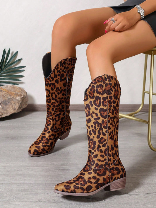 Camel Suede Leopard Print Pattern Asymmetrical Low Chunky Heel Round Toe Slip-On Casual Riding Boots For Women