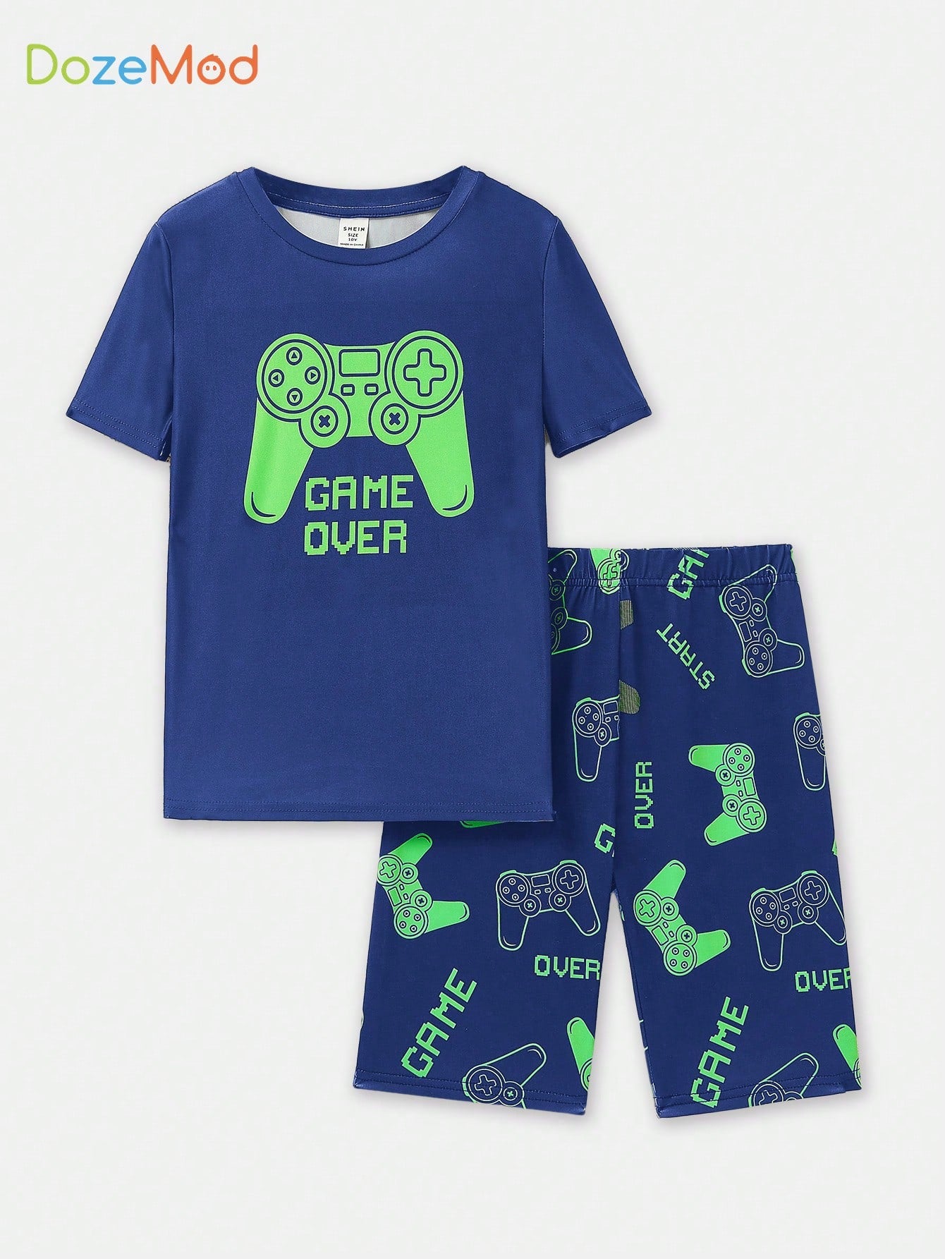 Tween Boy Snug Fit Cartoon Video Game Console Patterned Round Neck Short Sleeve Night Glow Knit Home 2-Piece Set