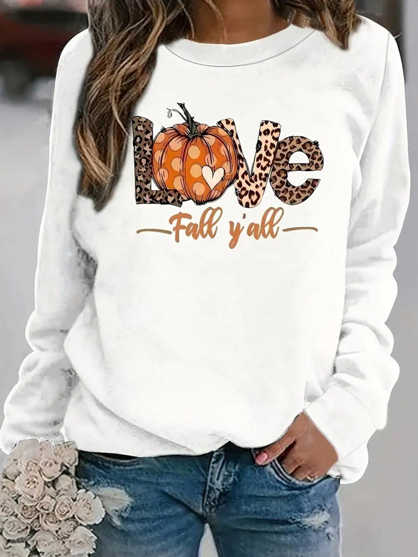 Plus Size Women's Simple Printed Long Sleeve Round Neck Sweatshirt