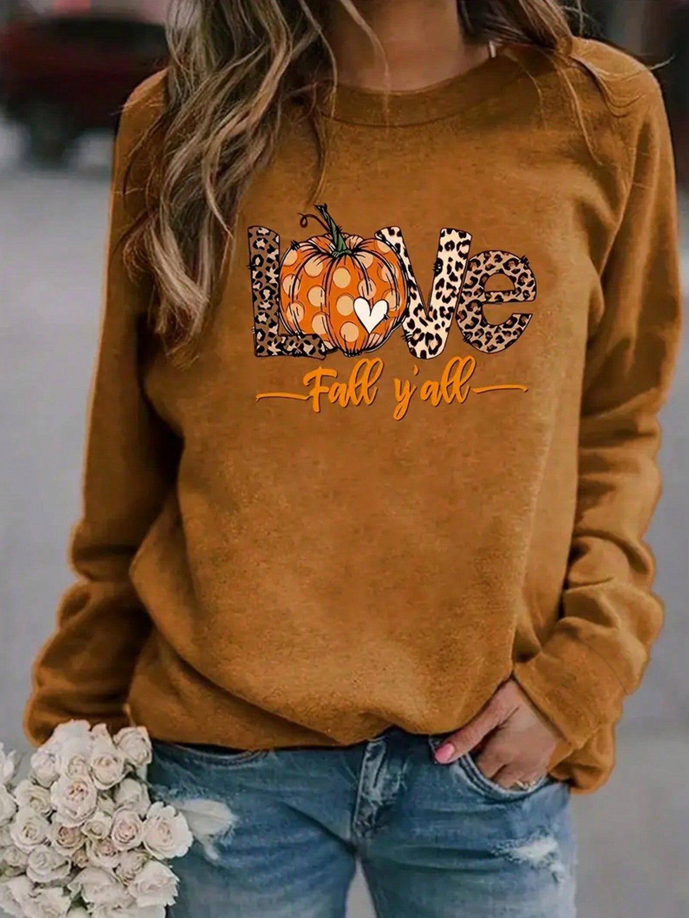 Plus Size Women's Simple Printed Long Sleeve Round Neck Sweatshirt