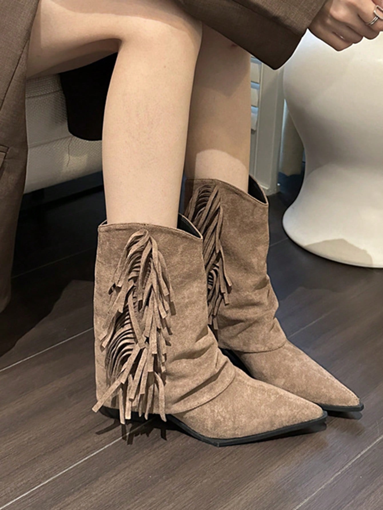 High Heel Pointed-Toe Western Cowboy Ankle Boots For Women, 2024 New Spring & Autumn Suede Tassel Mid-Calf Boots