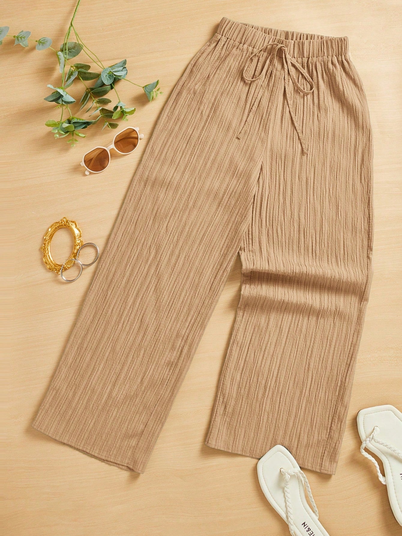 Summer Casual Textured Wide-Leg Capri Pants