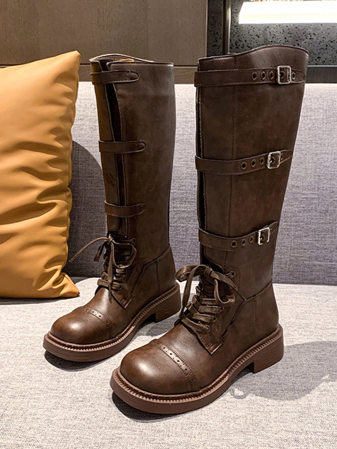 Brown Thick Sole Over-The-Knee Boots For Women, PU Leather Equestrian-Style Boots, Platform Chunky Heel Boots, Spring Autumn 2024 New Arrival