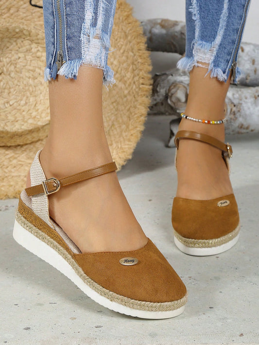 Women's Brown Wedge & Platform Sandals With Criss-Cross Toe Strap, Hollow-Out, Straw-Woven, Round Toe, Thick Soles, Plus Size