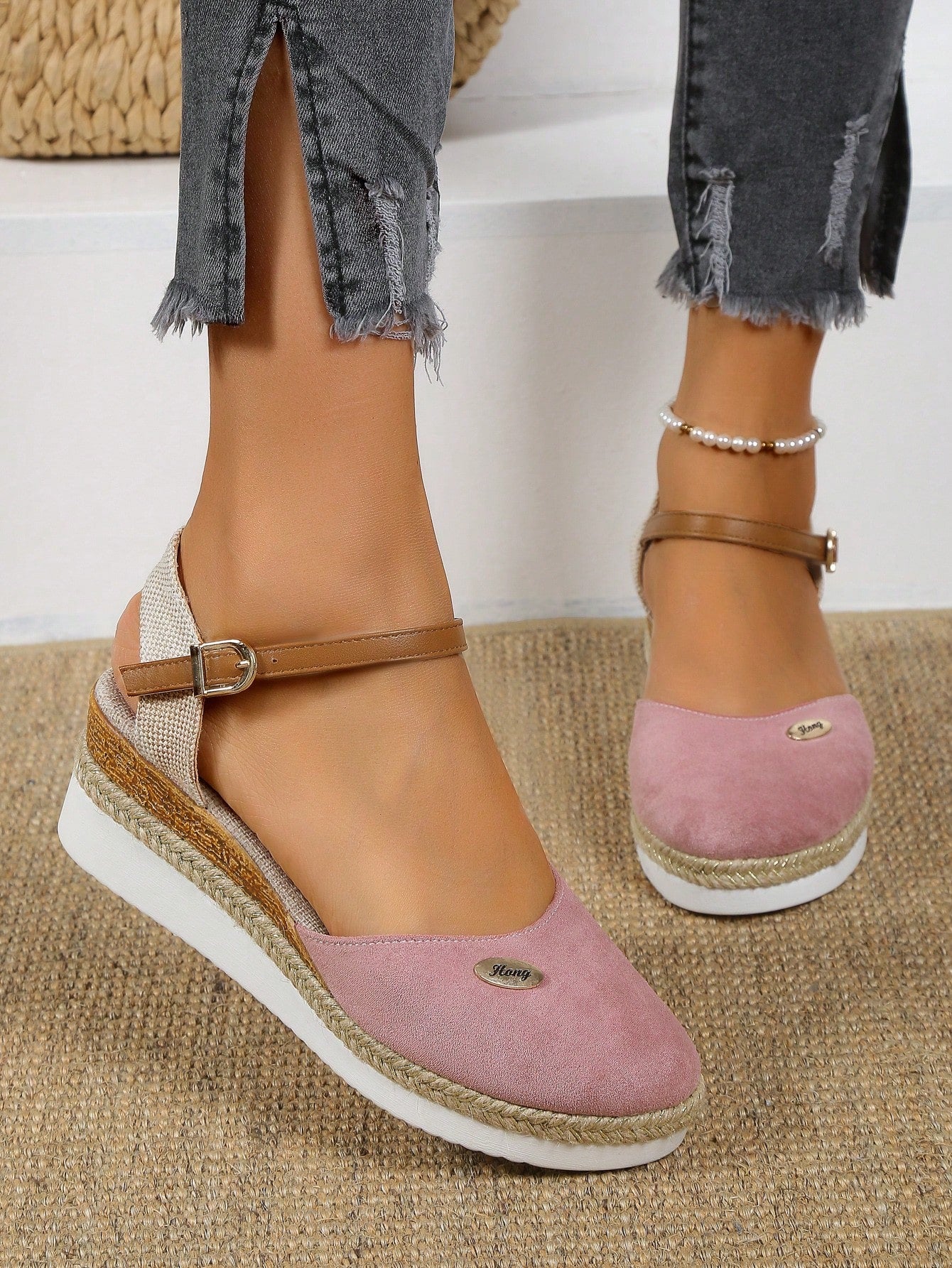 Women's Pink Wedge & Platform Shoes, Criss-Cross Strap Closed Toe Woven Design Closed Toe Chunky Heels Plus Size