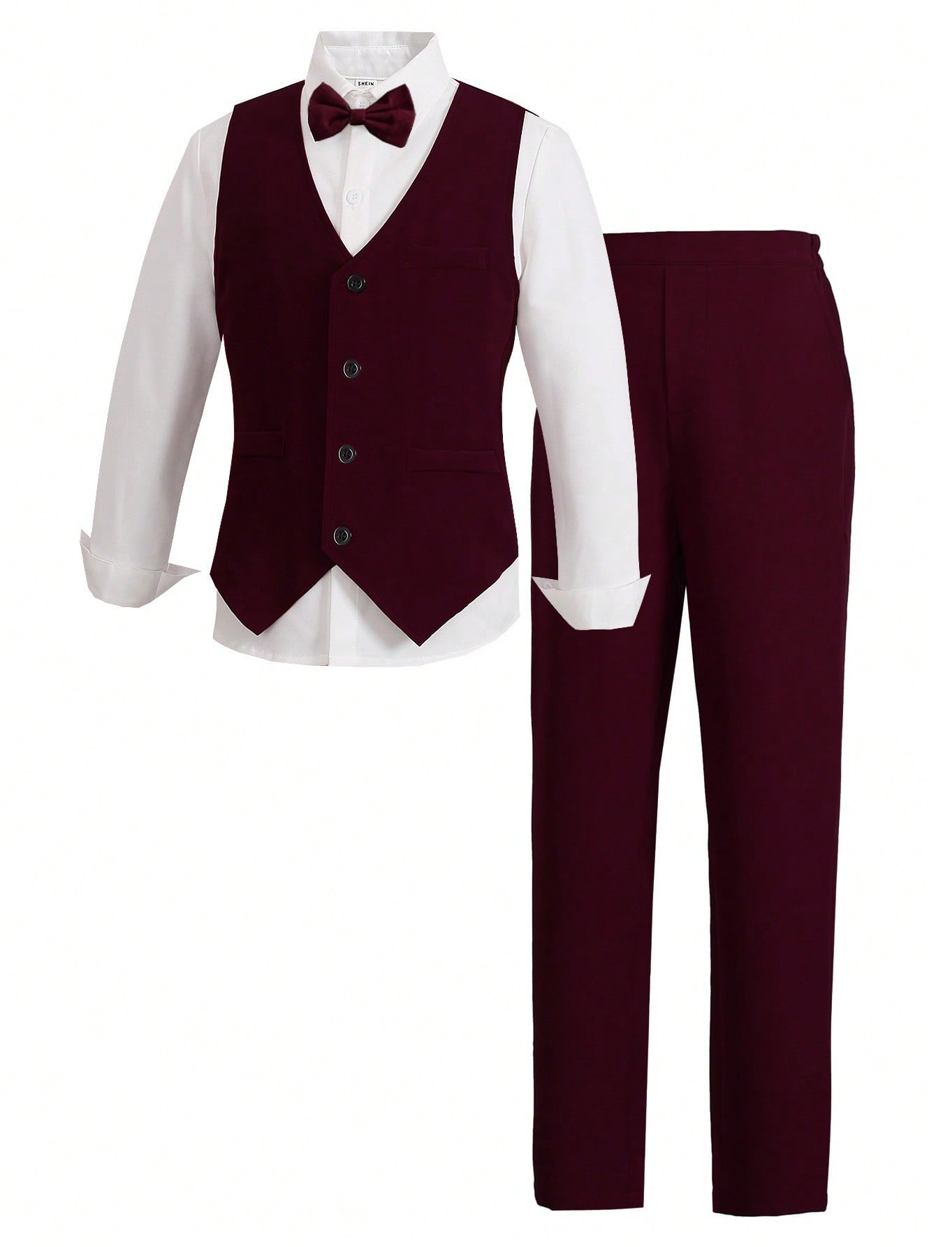 Teen Boys' Wine Red Christmas Vest & Shirt Set, College Style, For Christmas Party