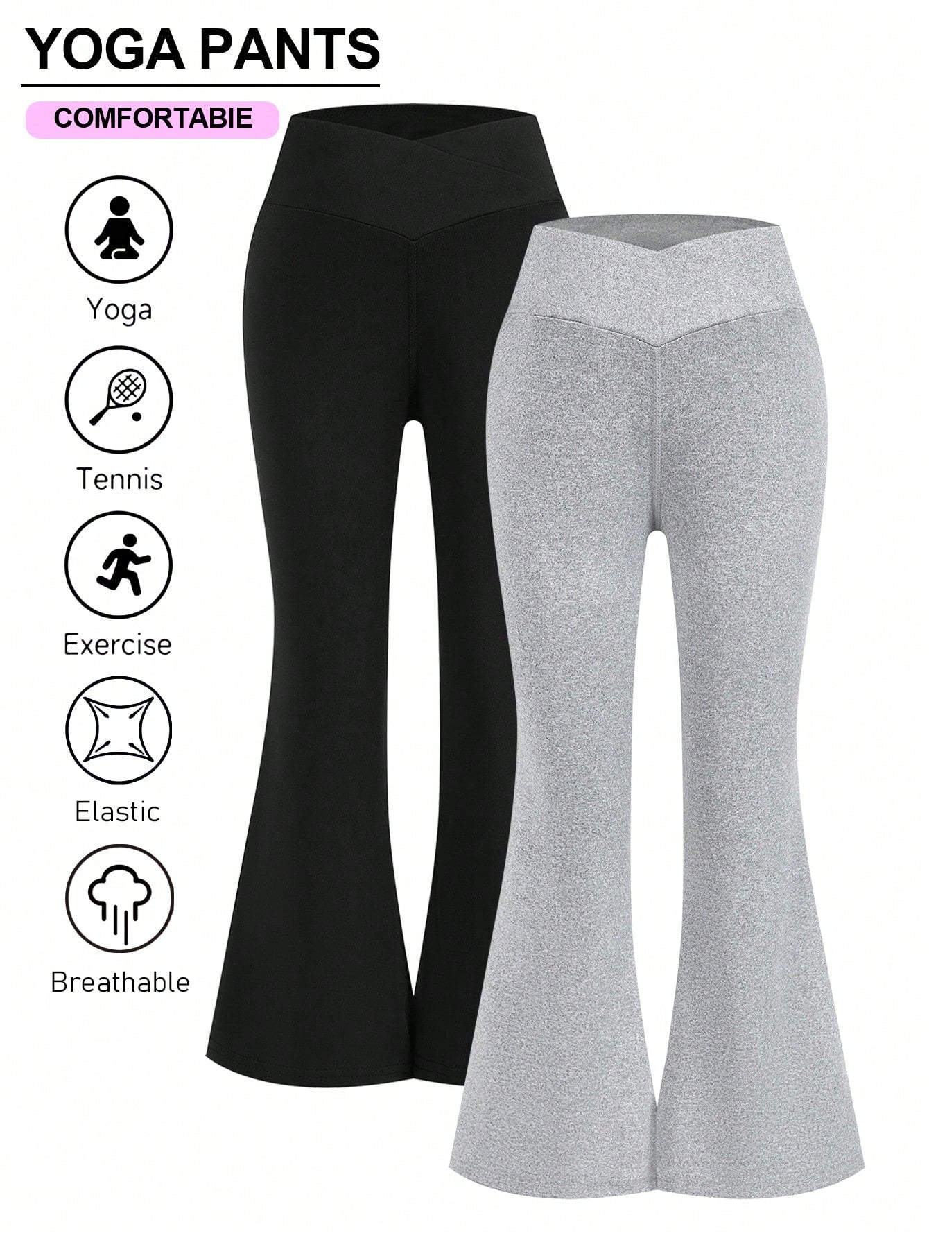 Teen Girls' Black And Grey Set Of Two Bell Bottom Pants, For Running, Exercise, Leisure, High Waist, High Elasticity, Classic And Versatile Flared Long Pants