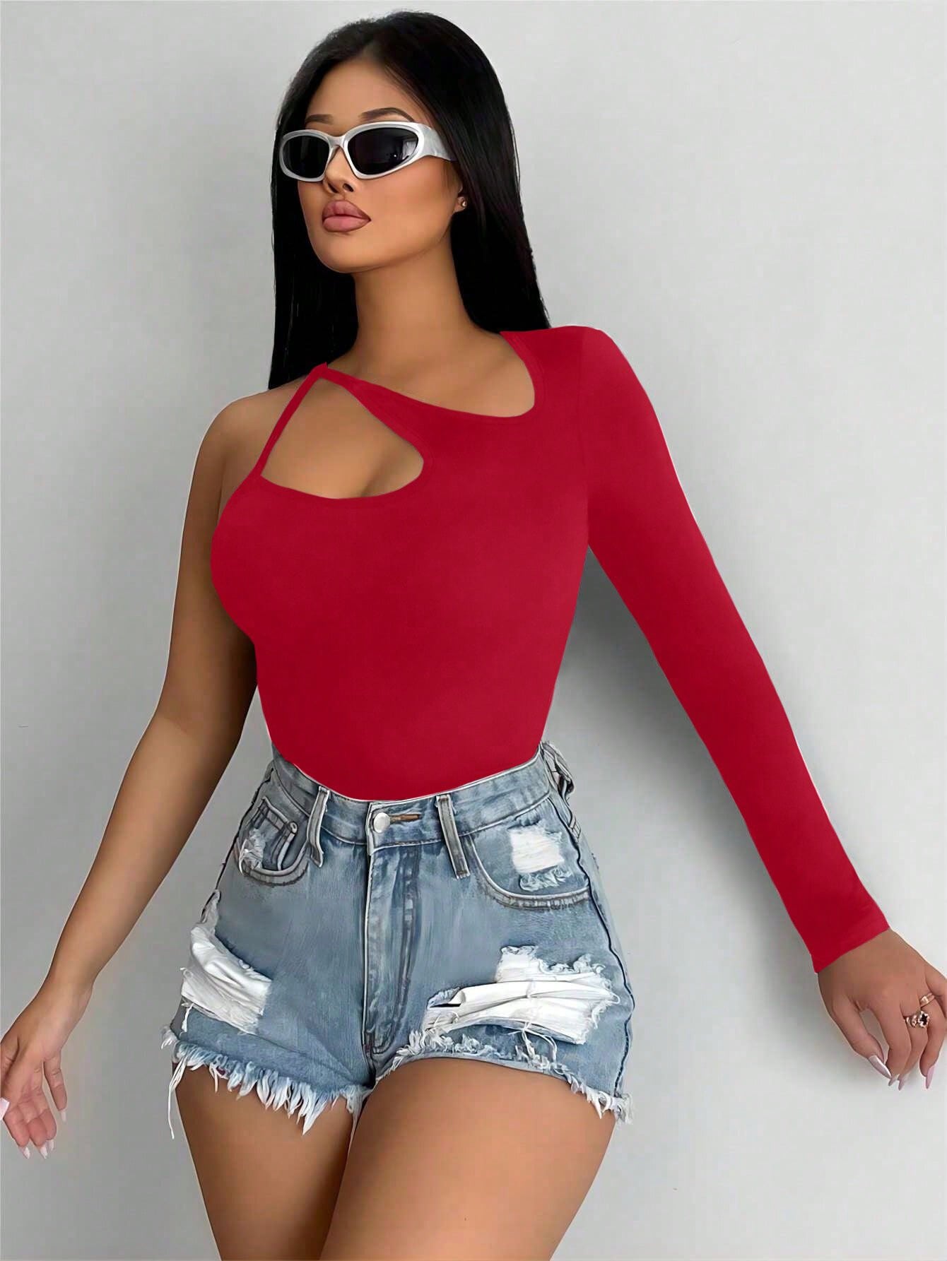 Solid Cut Out Asymmetrical Neck Slim Fit Top