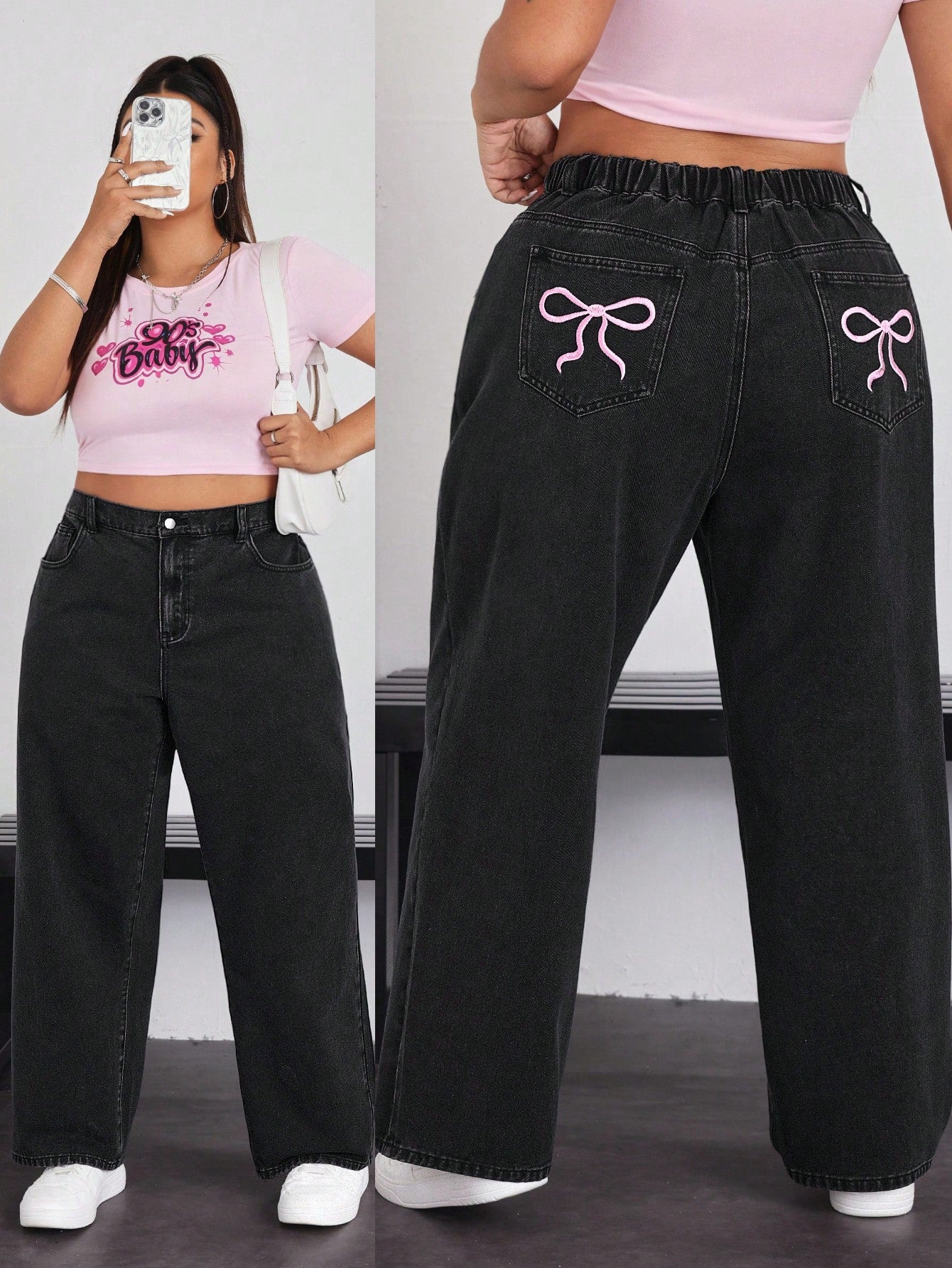 Plus Size Vacation & Casual Embroidered Bowknot Straight Jeans