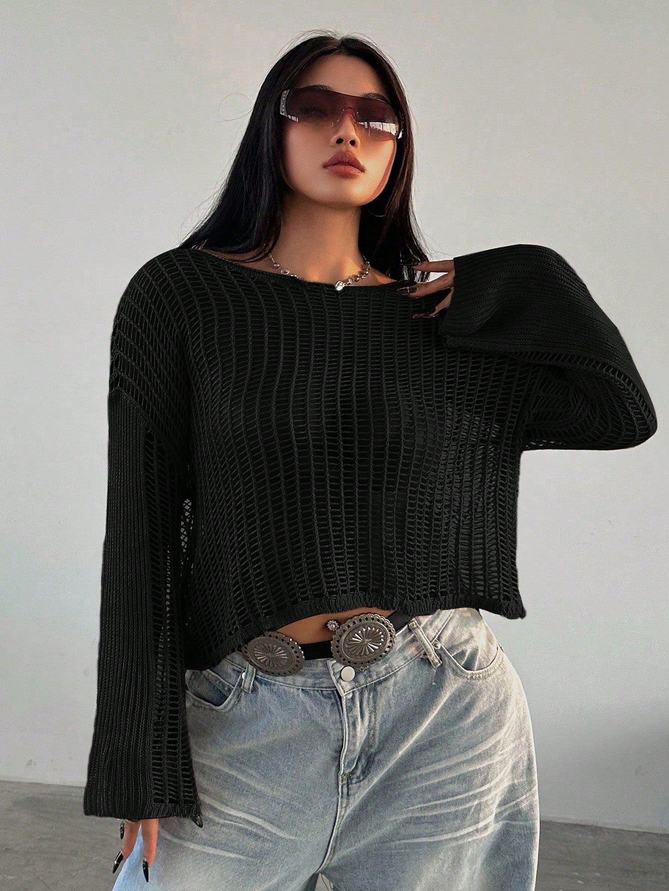 Solid Color Hollow Out Long Sleeve Knit Top