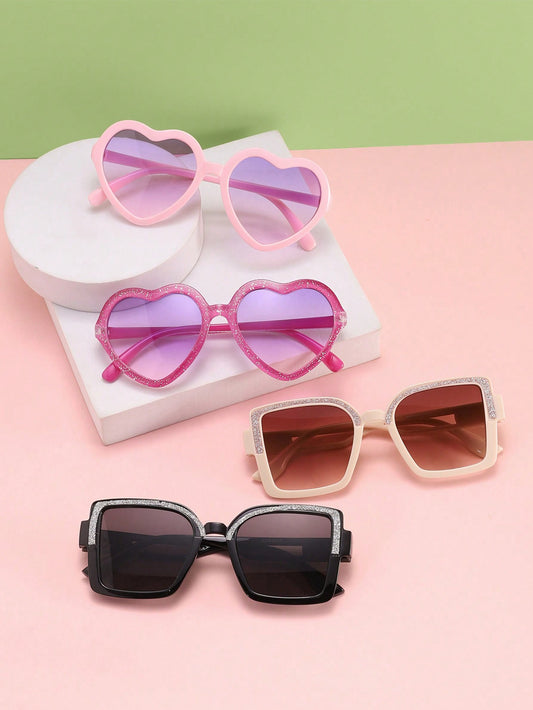 4pcs Kids 4-10Y Fine Flash Big Square Frame And Love Frame Trendy Fashion Versatile Sunglasses Suitable For Daily Outing And Wearing Use