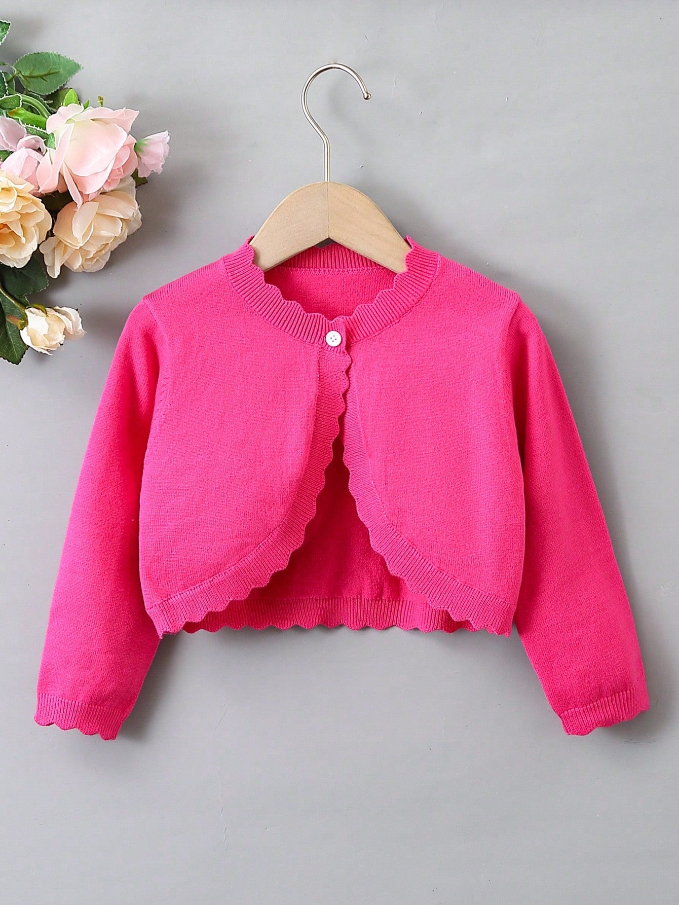 Young Girl Solid Color Cardigan With Scallop Edge