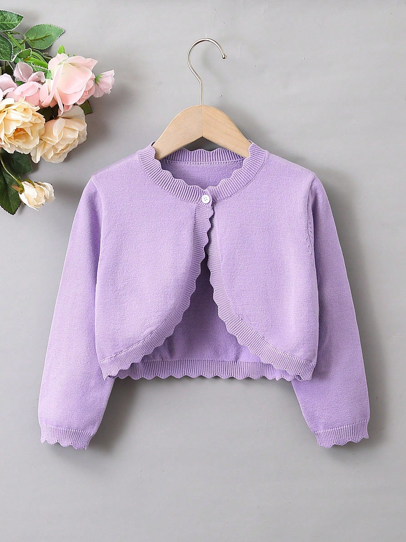 Young Girl Spring Casual Single-Breasted Cardigan With Shell Edge Detail