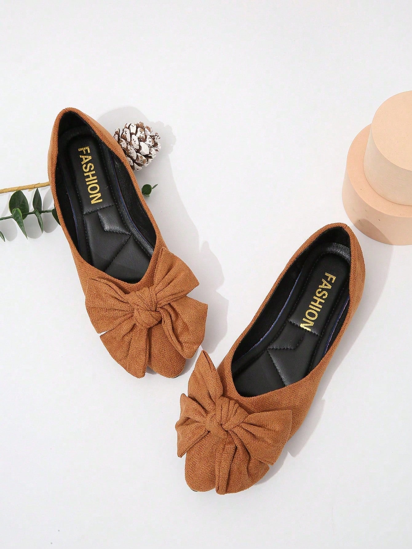 Elegant Black Flats For Women, Bow Decor Point Toe Faux Suede Ballet Flats