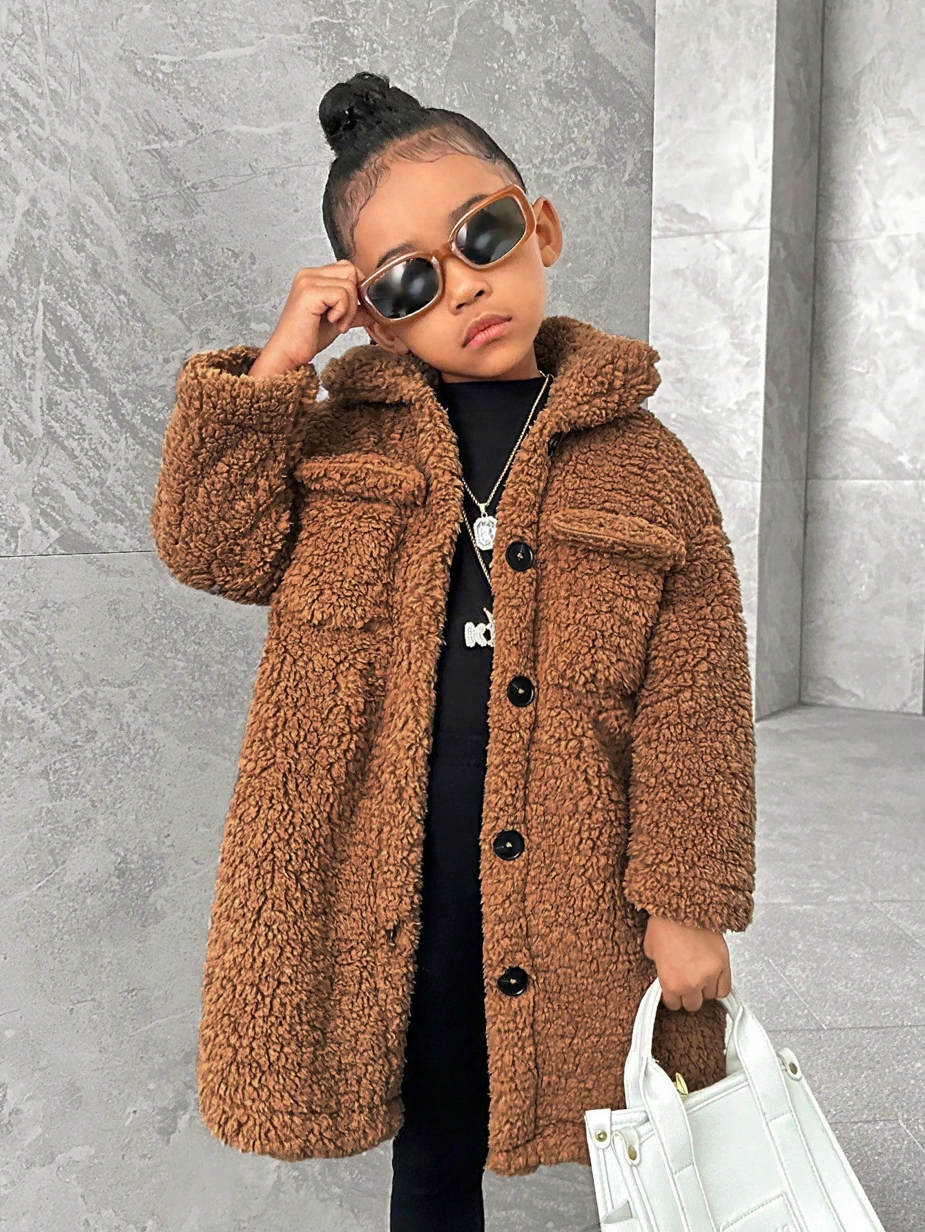 Young Girl Casual Coral Fleece Mid-Length Lapel Collar Long Sleeve Coat For Winter