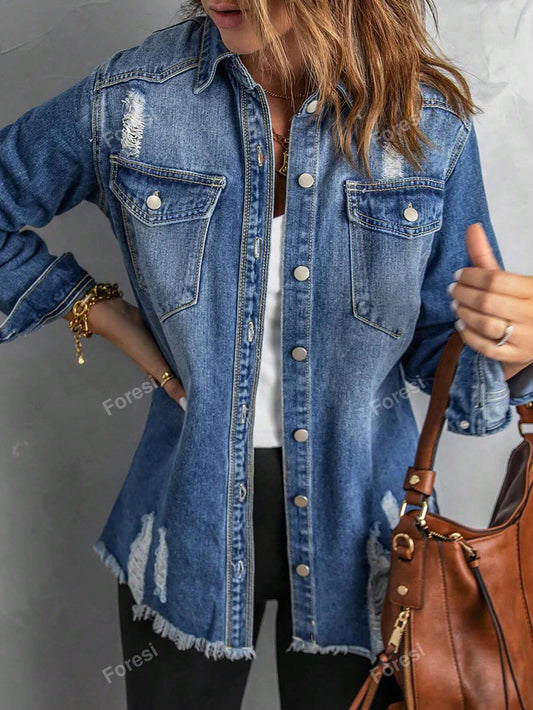 Ladies' Simple Ripped Fringe Denim Jacket