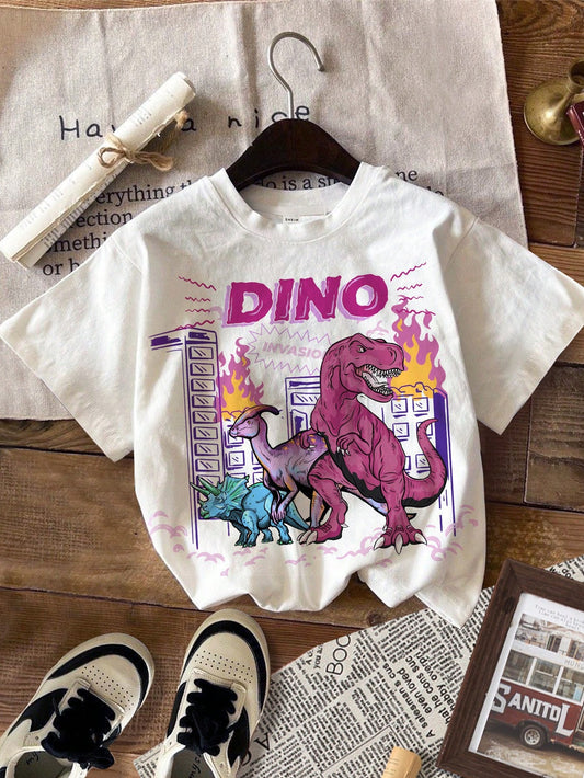 Summer, Casual And Vintage Dinosaur Printed Short Sleeve Round Neck T-Shirt, Ideal For Young Boys