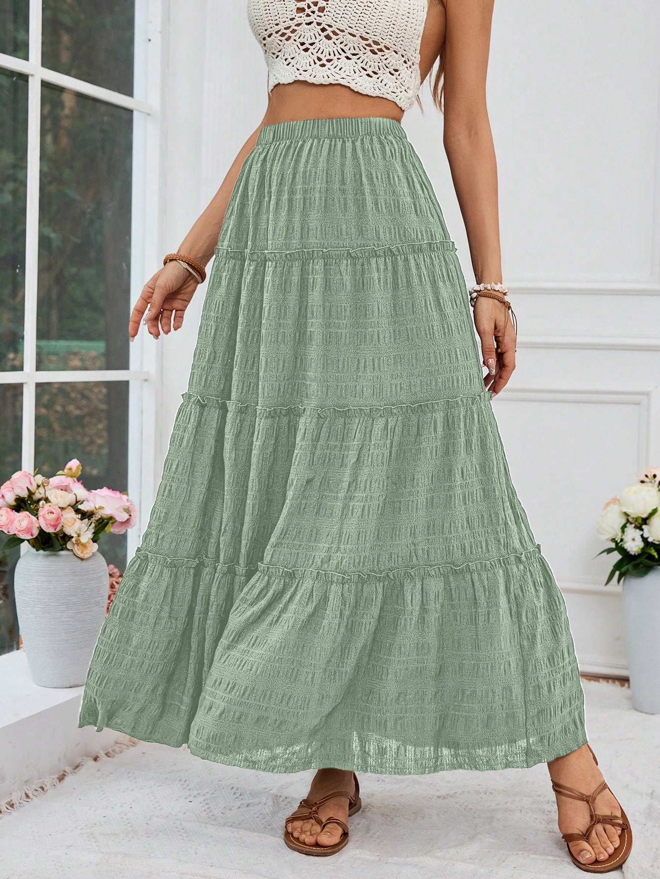 Vacation Woven Floral Print High Waist Loose Skirt For Women