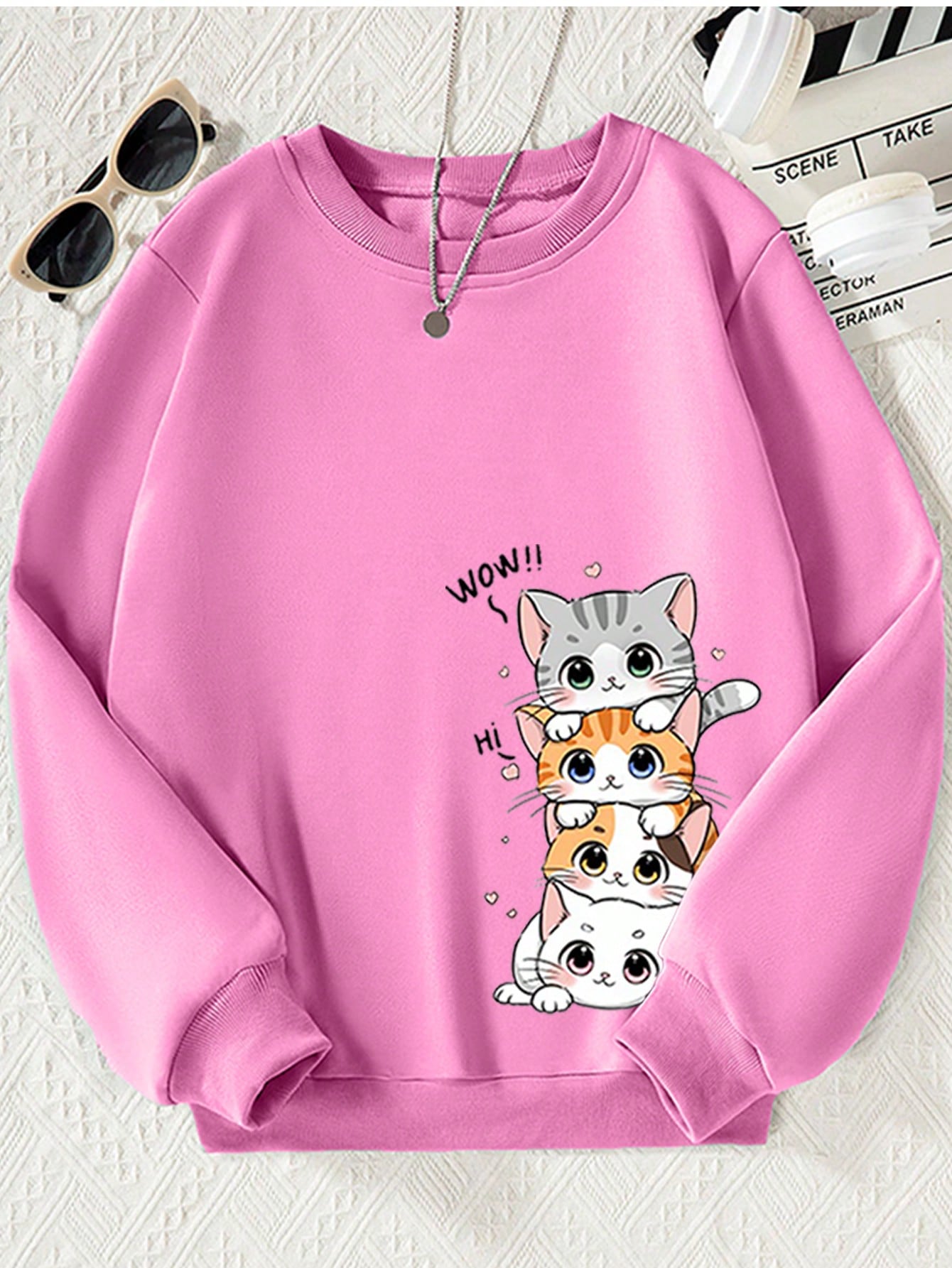 Tween Girls' Cartoon Printed Round Neck Sweatshirt