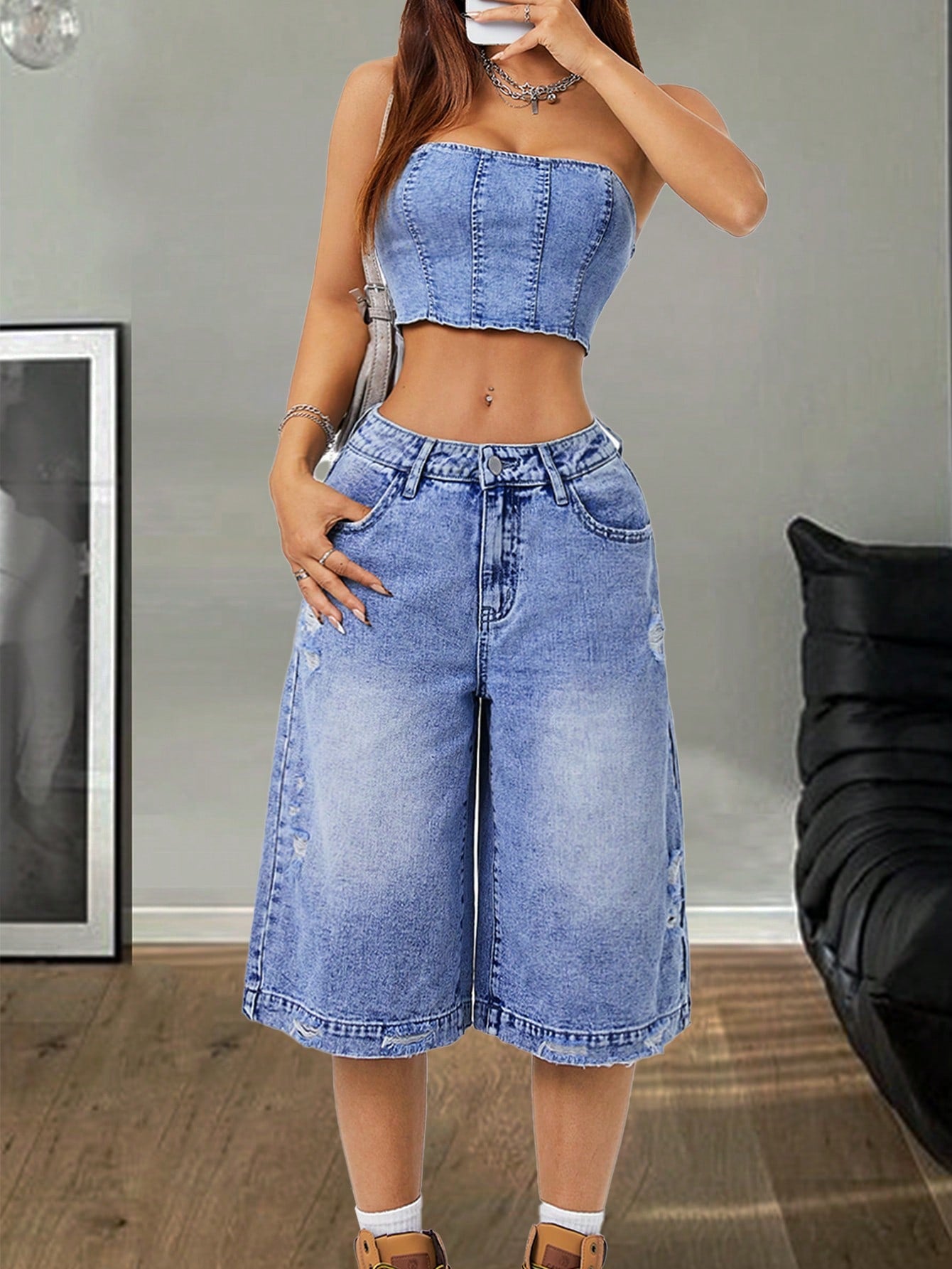 Coolane Women's Summer Y2K Denim Washed Tube & Shorts Going Out Sets,Women Two Piece Sets,Back To School Clothes,Going Out Outfits,Light Blue Jeans