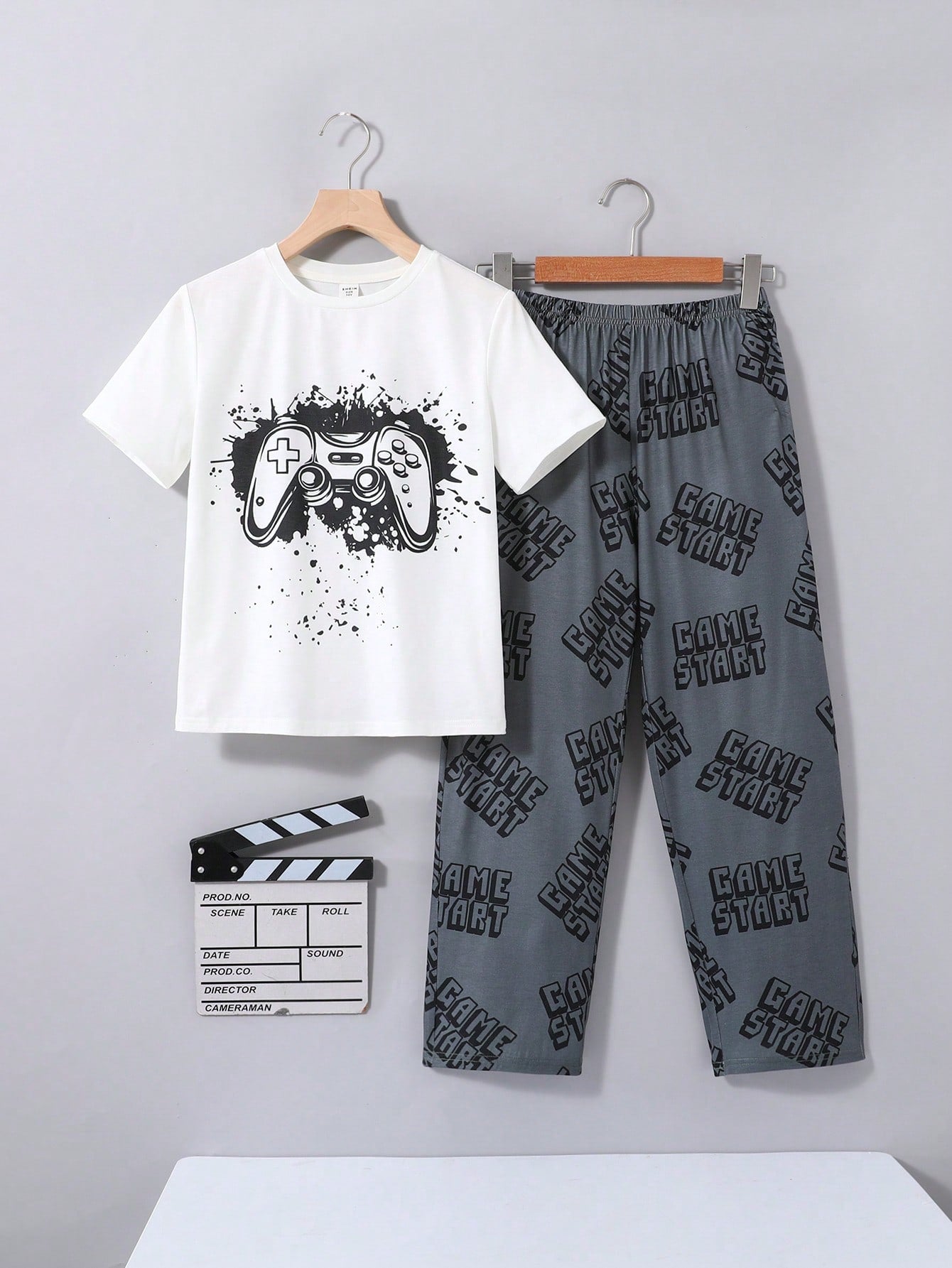 Tween Boy Thank You Comfortable Loose-Fitting Letter Pattern Short Sleeve Long Pants Flame Retardant Sleepwear Set