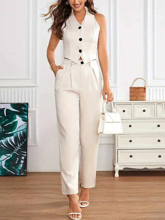 Women's Sleeveless  Vest And Suit, Trousers, 2pcs/Set, Casual Outfit For Autumn