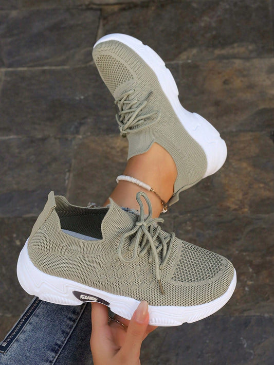 Women Olive Green Casual Shoes, Comfortable Flat Breathable Lace-Up Sport Sneakers For School