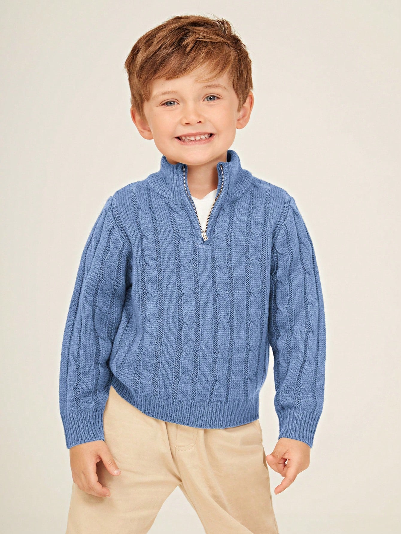 Young Boy Zip Half Placket Cable Knit Sweater