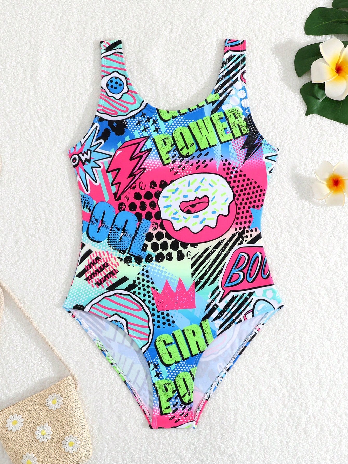 Tween Girl Cool Printed Casual One-Piece Sleeveless Swimsuit