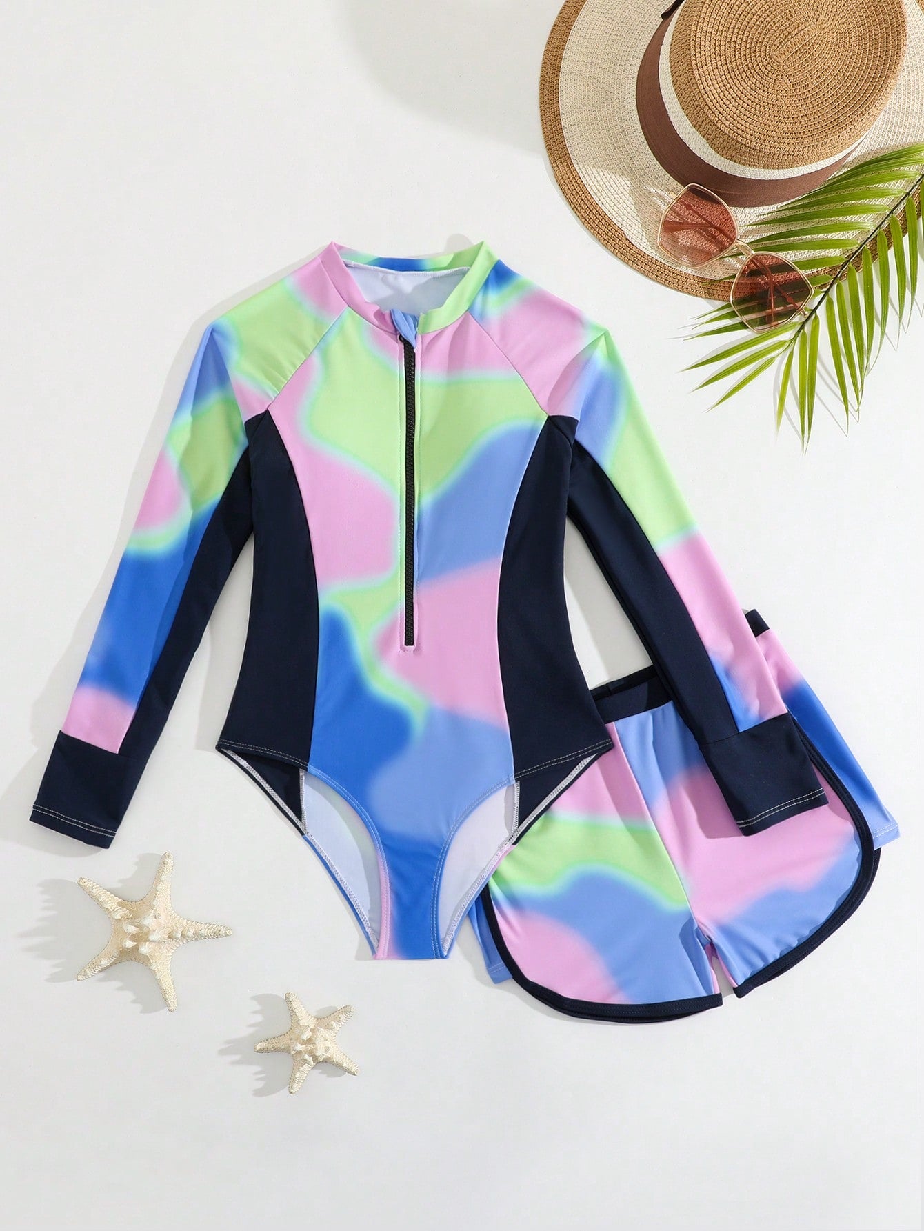 Tween Girl Long Sleeve Colorful One Piece Swimsuit (Random Print) & Swim Shorts, Summer