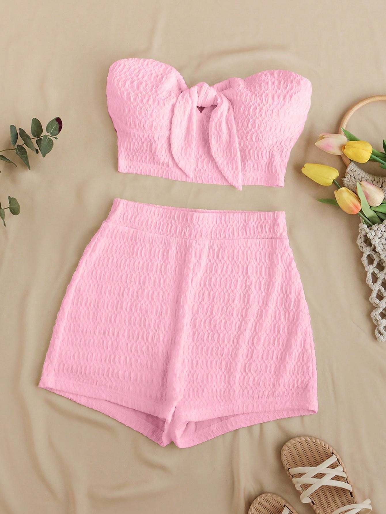 Summer Solid Color Textured Bandeau Top And High-Waisted Shorts Set