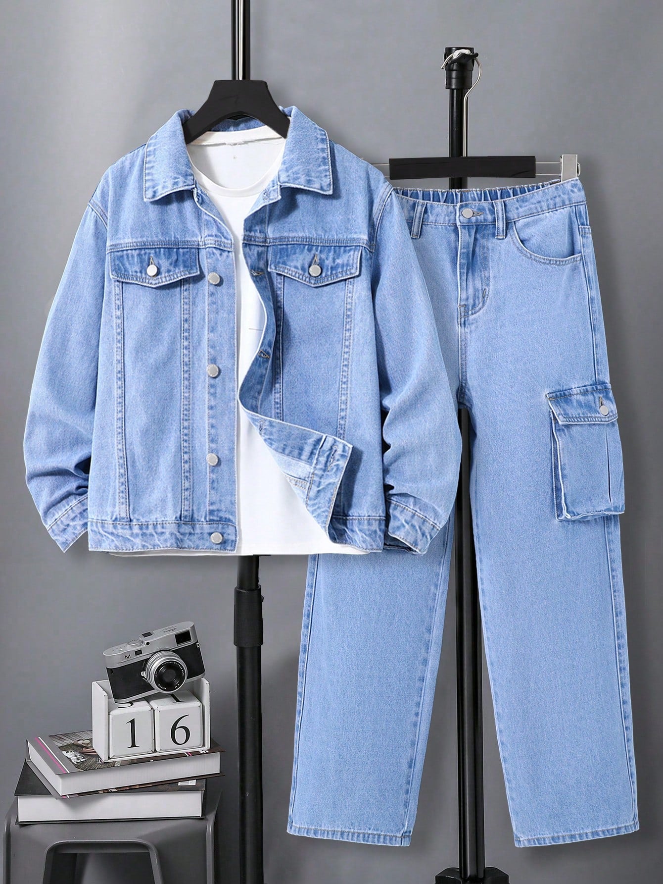 Tween Boy 2pcs/Set Casual Blue Denim Jacket & Straight Legs Cargo Pocket Jeans Set,Suitable For Casual And Versatile Back To School Clothes