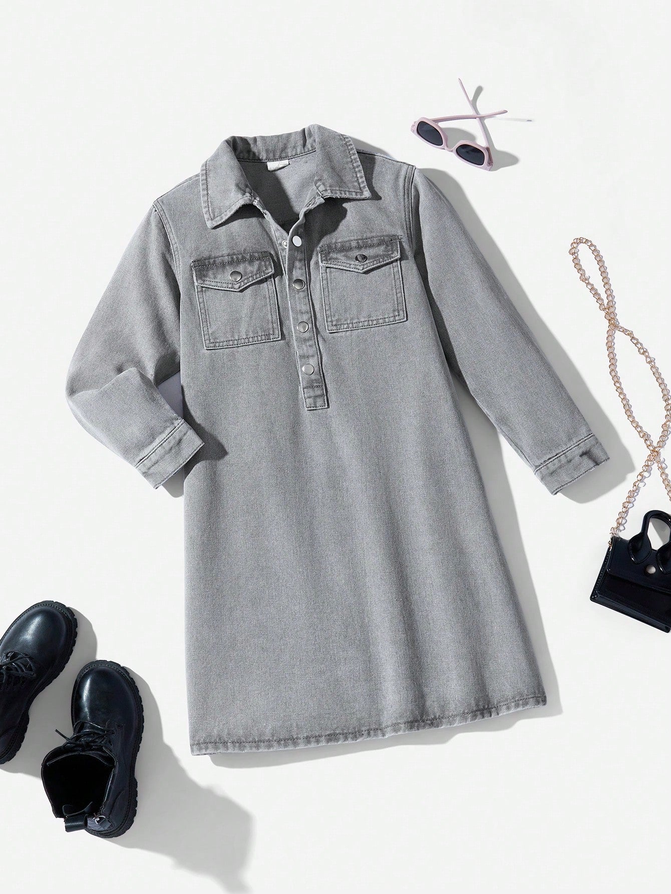 TWEEN GIRL Causal Preppy Light Grey Long Sleeve Denim Dress With Shirt Collar