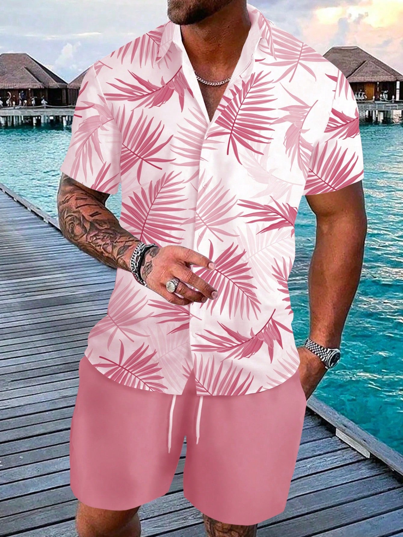 Men's Leaf Printed Casual Vacation Short Sleeve Shirt And Shorts Set