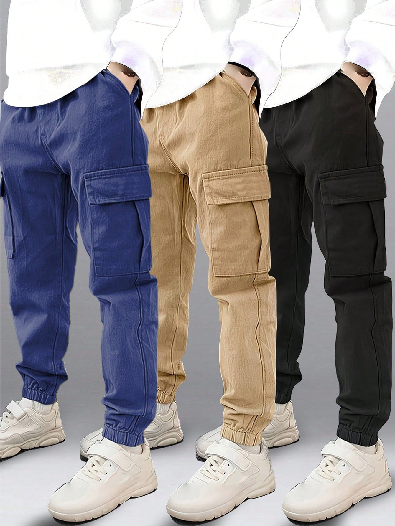 3pcs Tween Boys' Simple Casual Outdoor Exercise Sports Pocket Straight Leg Cargo Pants, Spring And Fall