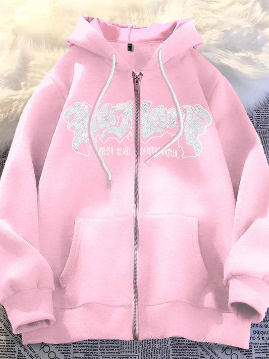 Women's Letter Print Pink Zipper Up Drawstring Hoodie Sweatshirt