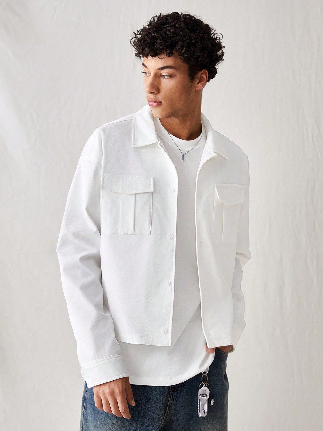 Men's Casual Woven Solid Color Short/Long Sleeve Loose Fit Stand Collar Shirt Jacket