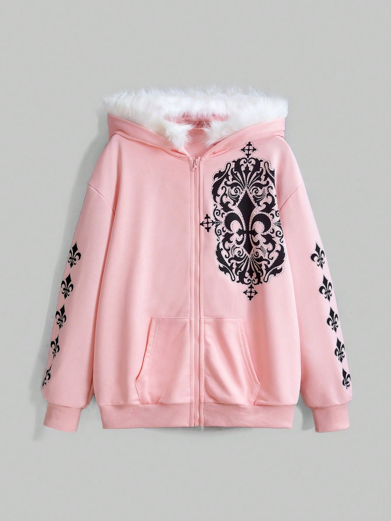 Fairycore Hooded Sweatshirt With Rhinestone Detailing, Drop Shoulder, Zipper, And Raw Edge Hem